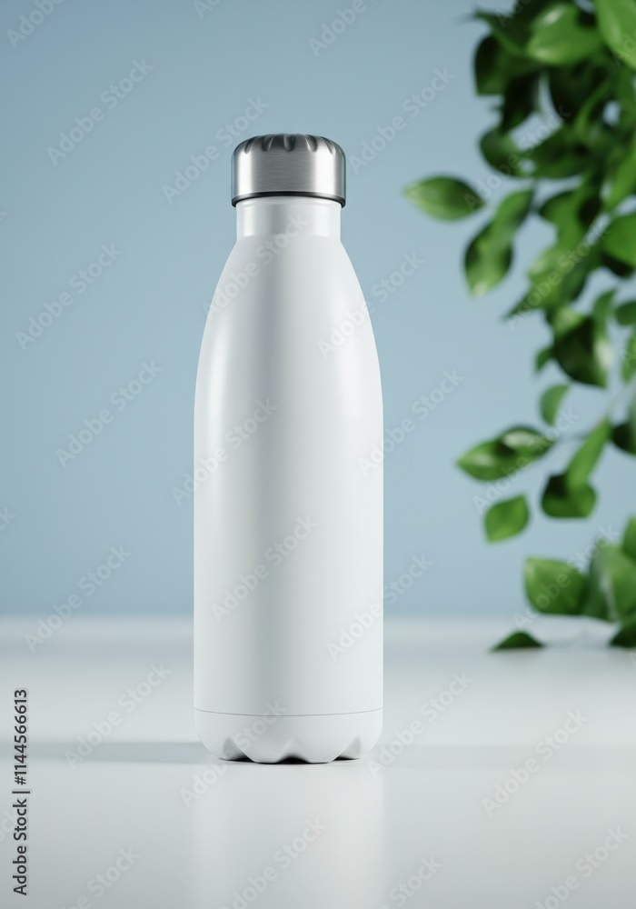 Sleek white stainless steel water bottle against a soft blue background Sleek white stainless steel water bottle against a soft blue background