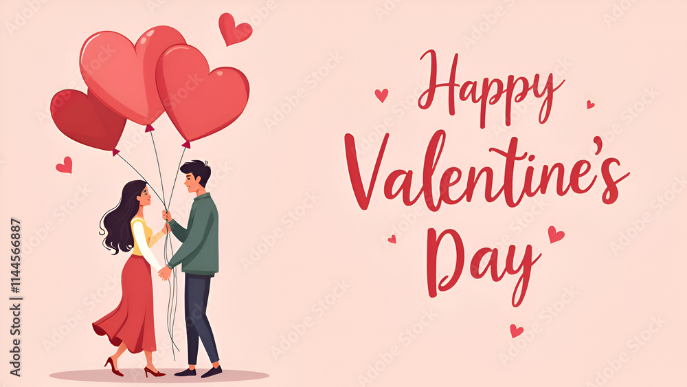 Valentine's Day illustration with a romantic couple holding heart-shaped balloons. Ideal for love, romance, greeting cards, holiday celebrations, and festive designs. Valentine's Day illustration with a romantic couple holding heart-shaped balloons. Ideal for love, romance, greeting cards, holiday celebrations, and festive designs.