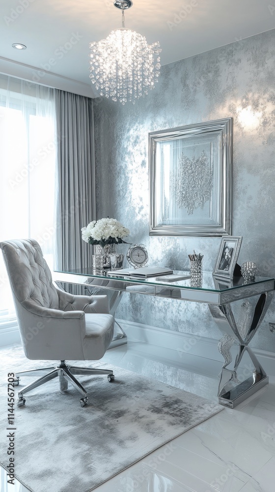 Fototapeta premium A sleek home office featuring a glass desk, tufted chair, silver textured walls, and a chandelier. The space exudes elegance and sophistication.