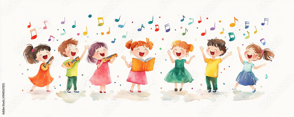group of cheerful children joyfully singing and playing musical instruments, surrounded by colorful musical notes, expressing happiness and creativity group of cheerful children joyfully singing and playing musical instruments, surrounded by colorful musical notes, expressing happiness and creativity