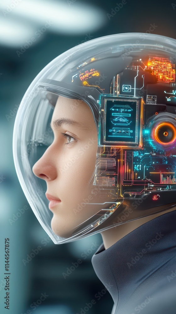Futuristic quantum chip embedded in a transparent AI control helmet Futuristic quantum chip embedded in a transparent AI control helmet