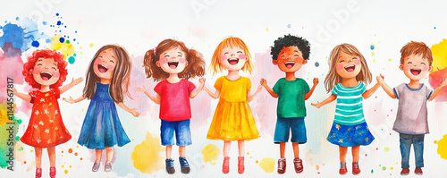 Obraz na płótnie group of joyful children singing and laughing together, wearing vibrant and colorful outfits, with playful watercolor splash background that adds cheerful and artistic touch w salonie