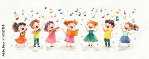 group of cheerful children joyfully singing and playing musical instruments, surrounded by colorful musical notes, expressing happiness and creativity