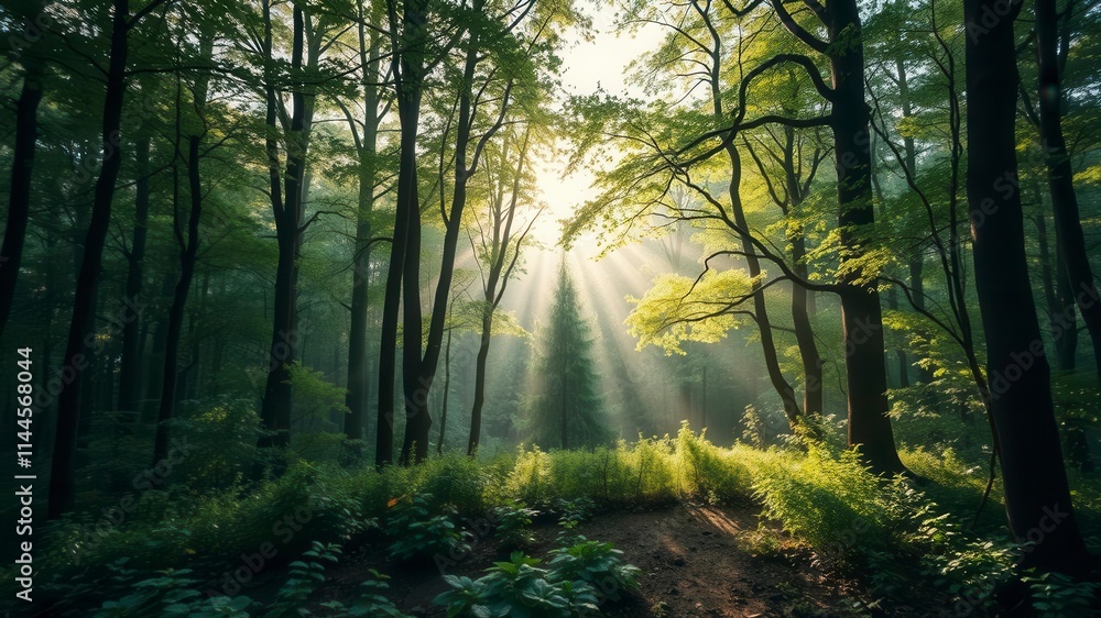 Obraz premium A lush green forest with sunlight streaming through the leaves, creating a magical and ethereal atmosphere, foliage, environment