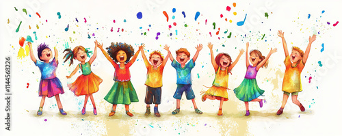 Children joyfully singing and celebrating in colorful outfits, surrounded by vibrant splashes of paint and musical notes, expressing happiness and unity