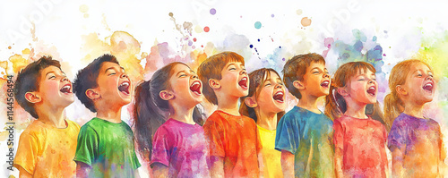 vibrant children choir joyfully singing together, with colorful splashes of paint in background, creating lively and artistic atmosphere