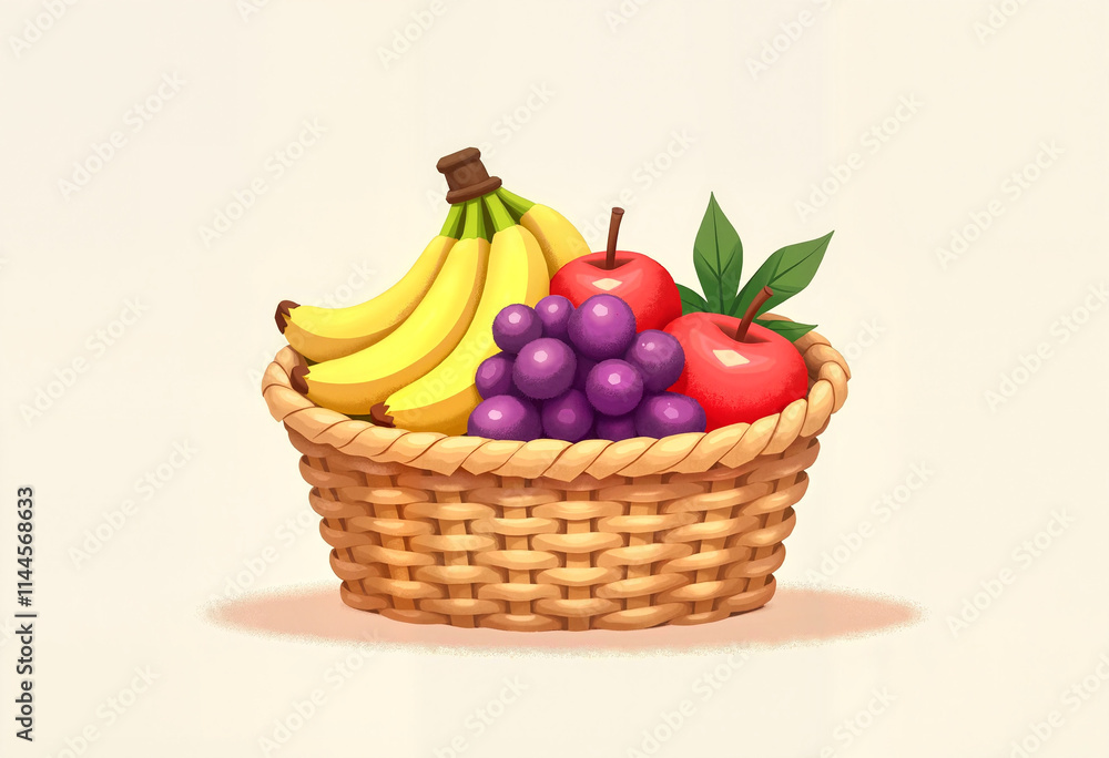 Cheerful Cartoon Fruit Basket with Fresh Produce Against Light Background Cheerful Cartoon Fruit Basket with Fresh Produce Against Light Background
