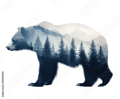 A double exposure illustration of a bear silhouette filled with a serene forest and mountain landscape, AI