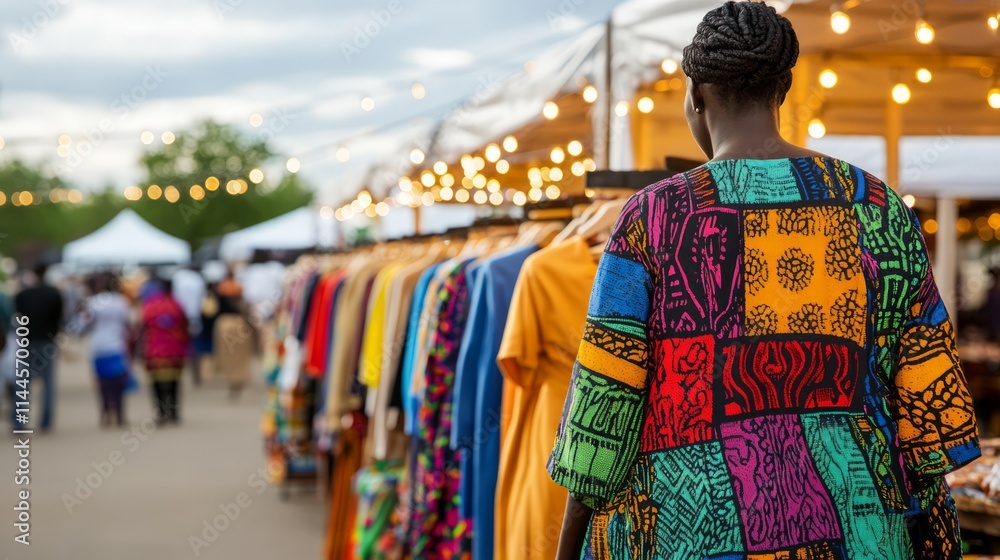 Fototapeta premium Colorful Clothing Market with Vibrant Patterns and Busy Crowds at Outdoor Fair During Daytime, Showcasing Unique Fashion and Artisan Creations
