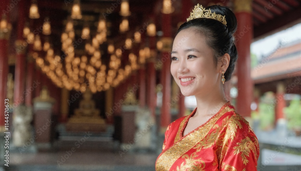 A smiling Asian woman in a red and gold traditional dress, adorned with a crown and bell, stands in a temple. A smiling Asian woman in a red and gold traditional dress, adorned with a crown and bell, stands in a temple.