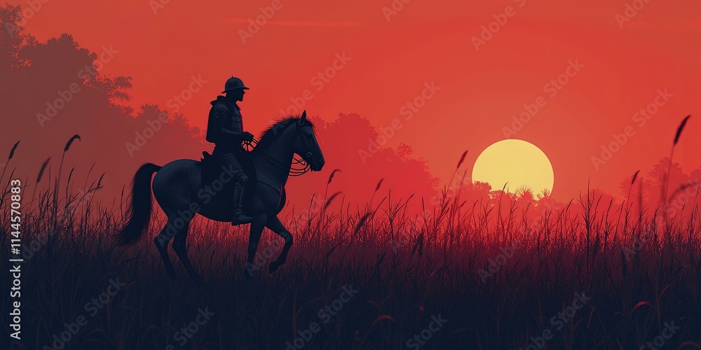 Illustration of Knight riding through tall grass with a vivid crimson sunset sky, casting a warm glow over the serene landscape Illustration of Knight riding through tall grass with a vivid crimson sunset sky, casting a warm glow over the serene landscape