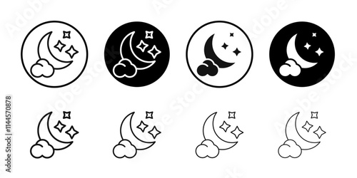 Moon and stars icon Flat outline fill set collection