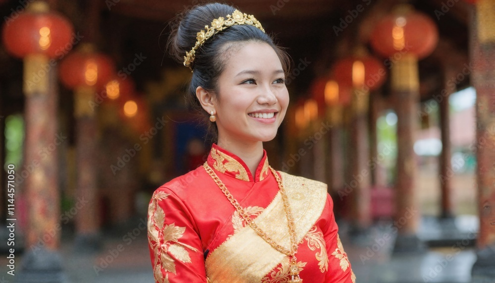 A smiling Asian woman in a red and gold traditional dress, adorned with a crown and bell, stands in a temple. A smiling Asian woman in a red and gold traditional dress, adorned with a crown and bell, stands in a temple.