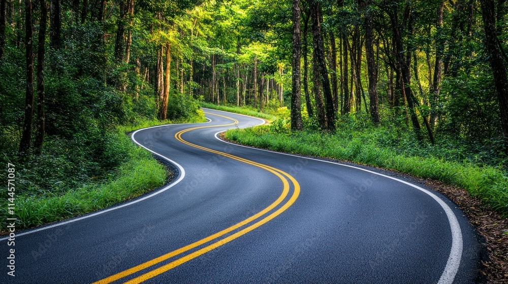 Fototapeta premium Winding road through a lush green forest.