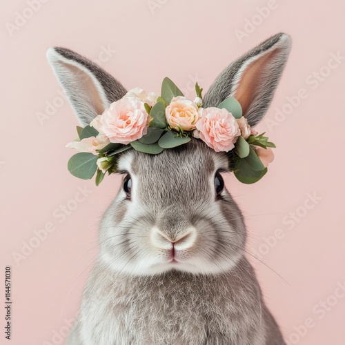 Cute rabbit wearing a floral crown against a soft pink background, showcasing...