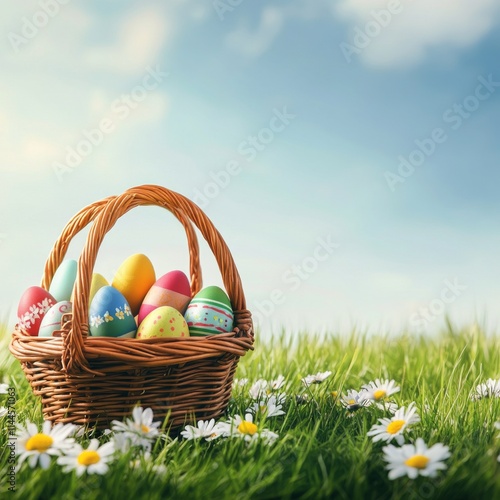 Colorful decorated eggs in a wicker basket placed on green grass with daisies...