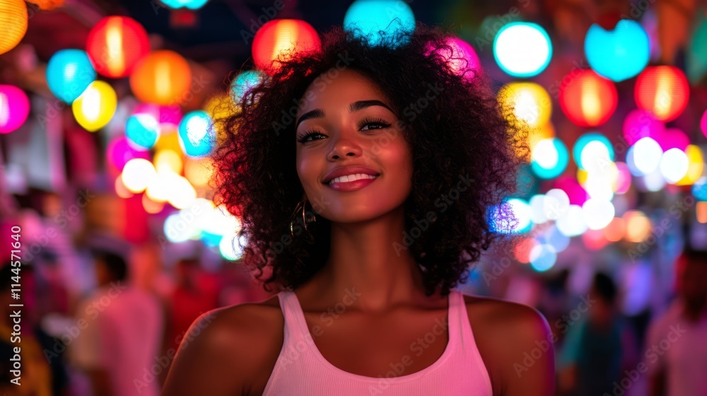 Portrait of a confident woman with curly hair standing in a vibrant nighttime market filled with colorful lanterns, glowing lights, and cheerful atmosphere Portrait of a confident woman with curly hair standing in a vibrant nighttime market filled with colorful lanterns, glowing lights, and cheerful atmosphere