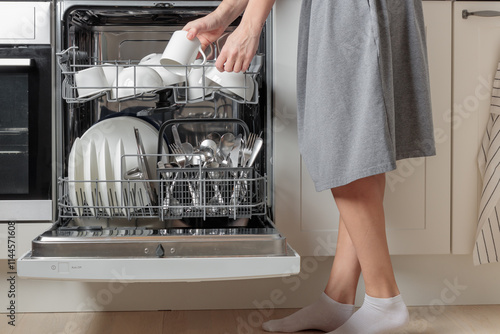 Photos Female hand unloading dishwasher with tableware