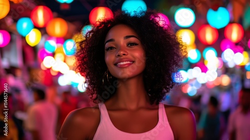 Portrait of a confident woman with curly hair standing in a vibrant nighttime market filled with colorful lanterns, glowing lights, and cheerful atmosphere