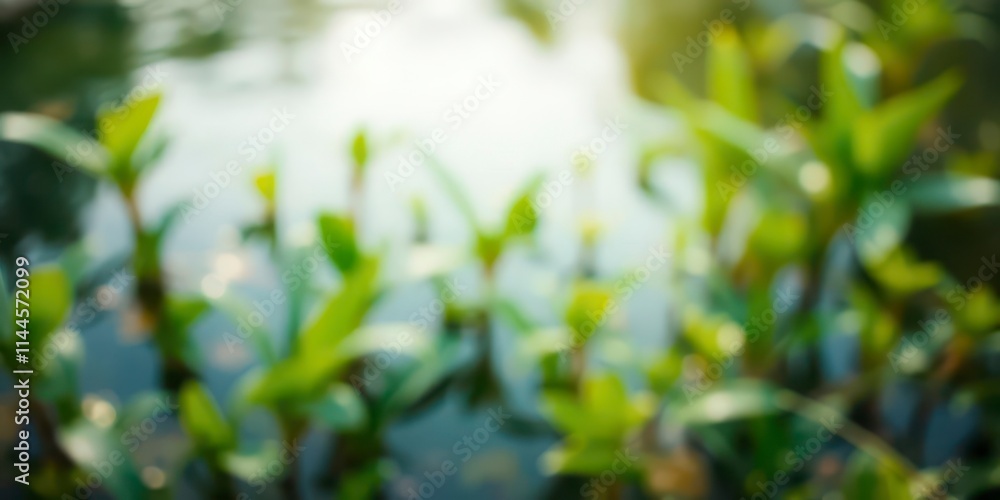 Blurred image of serene water surface and lush aquatic plants, tranquil, plants Blurred image of serene water surface and lush aquatic plants, tranquil, plants