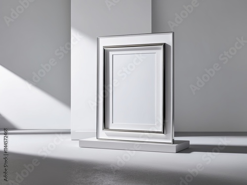 Sleek modern poster frame rectanguler in shape standing on the white  wall photo