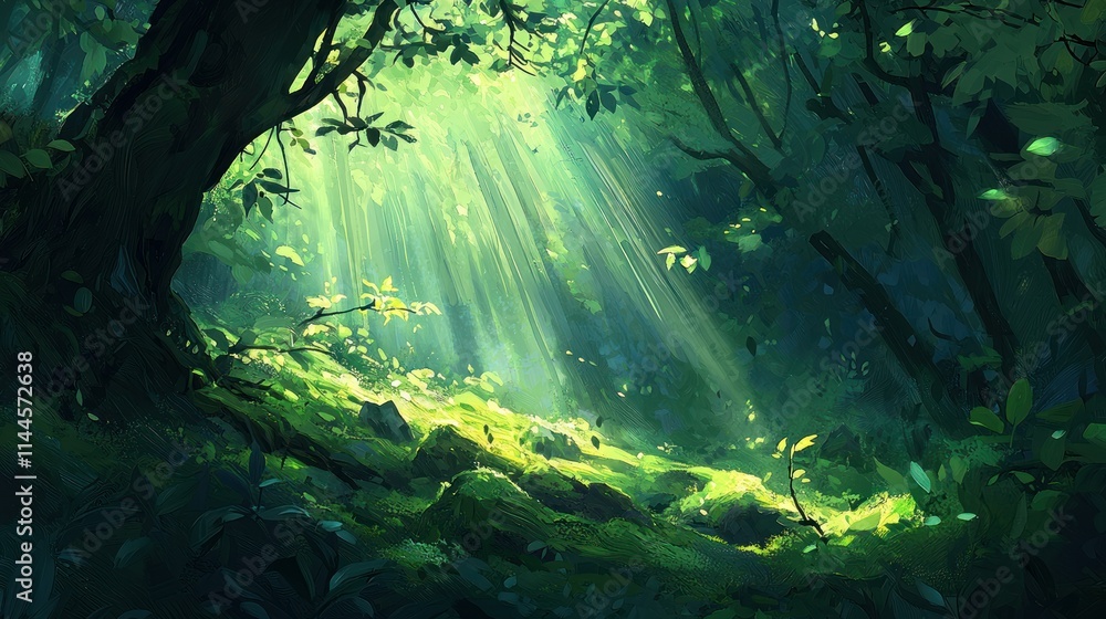 Fototapeta premium Lush forest scene illuminated by soft sunlight.