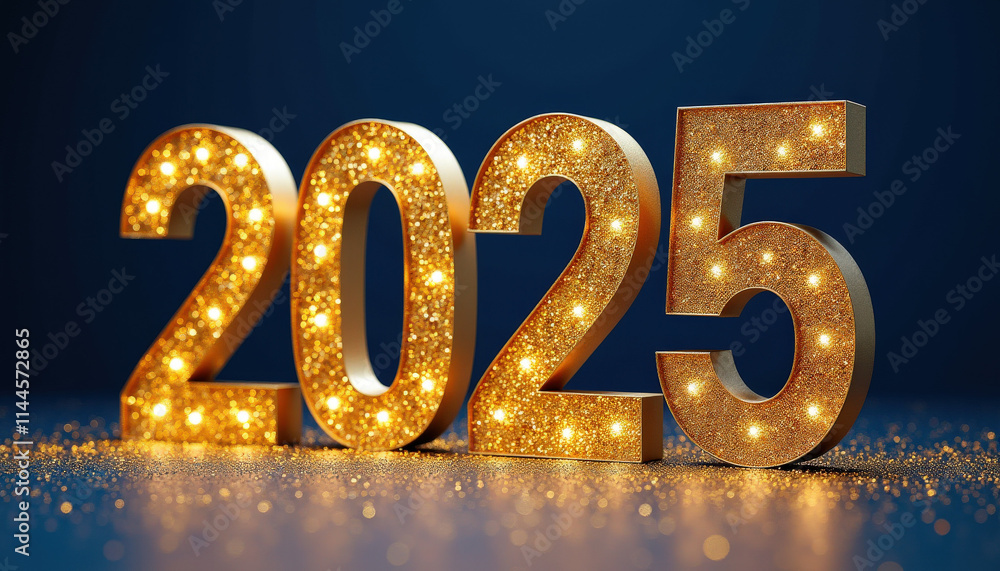 Glittering numbers 2025 illuminated with lights, festive decoration for New Year celebration
Glittering numbers 2025 illuminated with lights, festive decoration for New Year celebration
