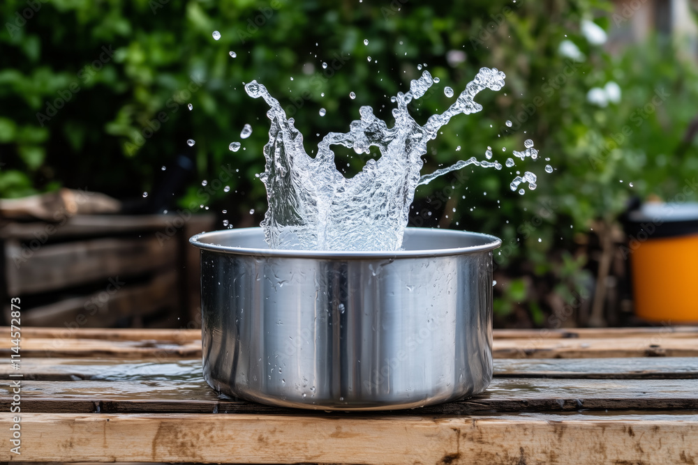 Splash of water captured mid-air in a stainless steel bowl placed on a wooden surface Splash of water captured mid-air in a stainless steel bowl placed on a wooden surface