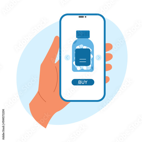 Buying medicine online using mobile app. Hand holding phone with medicine on screen