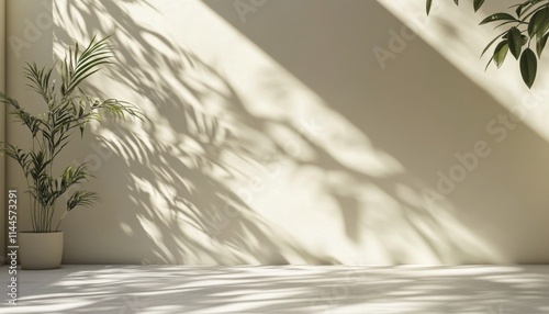 Natural light casts beautiful shadows on a textured wall and a green plant en...