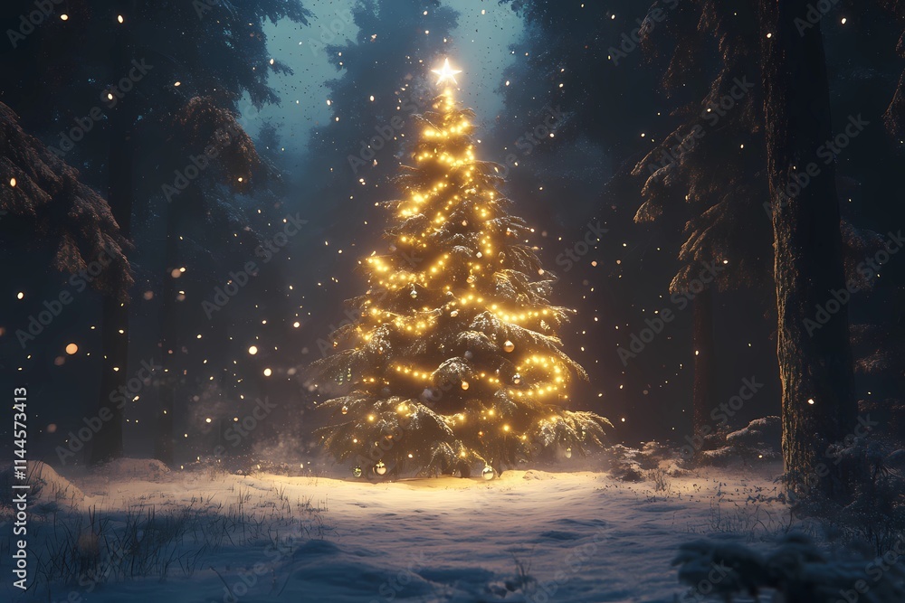New Year tree with lights in a snowy forest. New Year tree with lights in a snowy forest.
