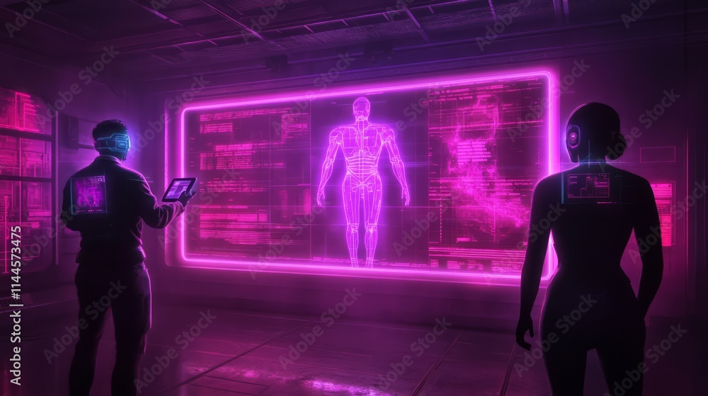 Futuristic Medical Lab with Holographic Display of Human Anatomy and Two Professionals Analyzing Data in Neon Lighting Environment Futuristic Medical Lab with Holographic Display of Human Anatomy and Two Professionals Analyzing Data in Neon Lighting Environment