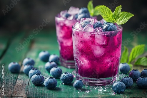 Refreshing blueberry mint drink served in glasses with ice and fresh mint lea...
