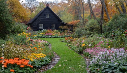 Fototapeta Naklejka Na Ścianę i Meble -  Colorful garden pathways lead to a quaint black cottage surrounded by vibrant flowers and lush greenery in a