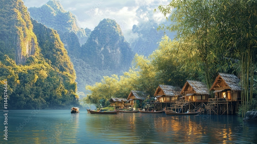 Fototapeta premium Serene riverside village amidst lush mountains.