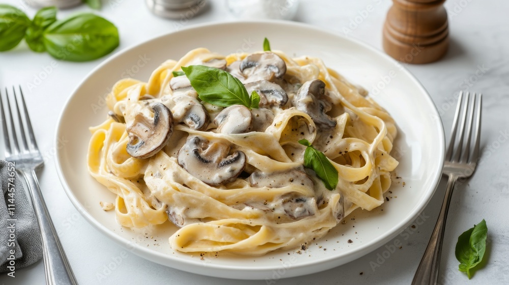 Creamy fettuccine pasta with mushrooms and basil served on a white plate with a simple table setting ideal for a Creamy fettuccine pasta with mushrooms and basil served on a white plate with a simple table setting ideal for a