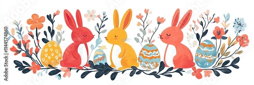 Brightly colored bunnies surrounded by modern floral motifs and Easter eggs