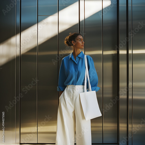 A woman stands elegantly in front of a vast stainless steel wardrobe, wearing a blue blouse and white wide-legged trousers and a blank tote bag over her schoulder. Her hair is styled in a bun. photo