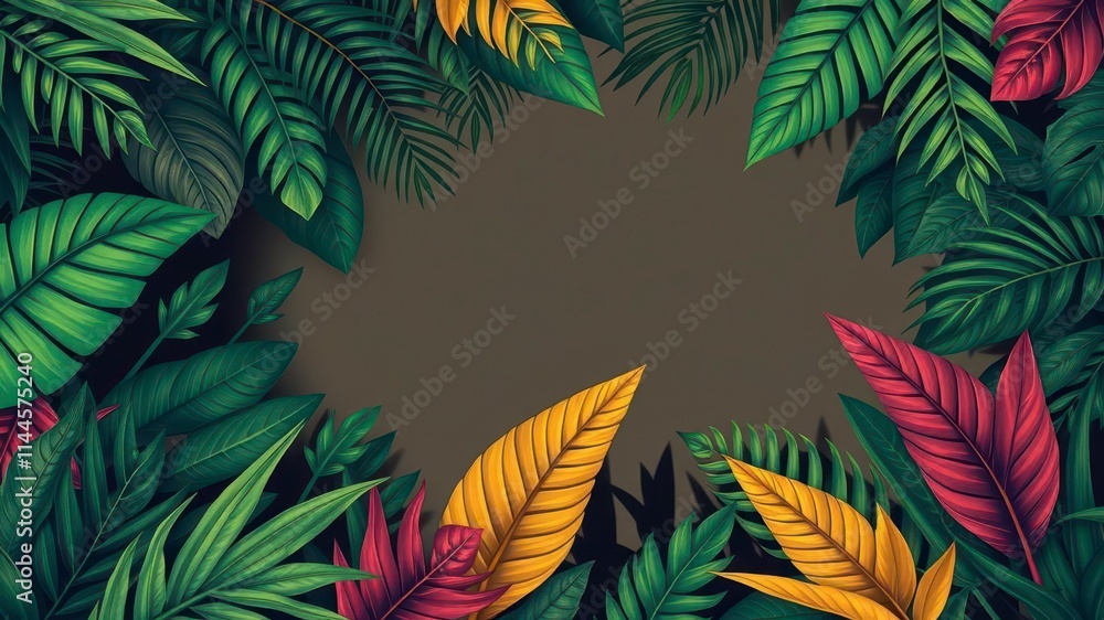 Dark tropical pattern featuring exotic leaves in various shades of green and deep red, background, tropical, pattern Dark tropical pattern featuring exotic leaves in various shades of green and deep red, background, tropical, pattern