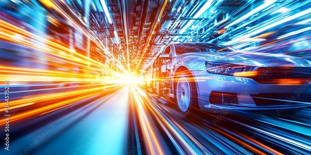 A dynamic view of a car in motion, surrounded by streaks of light suggesting high speed and energy in an industrial setting. Concept Car in Motion, Light Streaks, High-Speed Energy A dynamic view of a car in motion, surrounded by streaks of light suggesting high speed and energy in an industrial setting. Concept Car in Motion, Light Streaks, High-Speed Energy