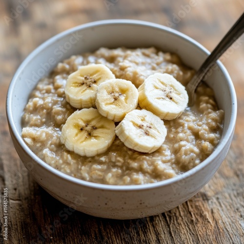 Warm bowl of oatmeal topped with fresh banana slices enjoyed in a cozy kitche...