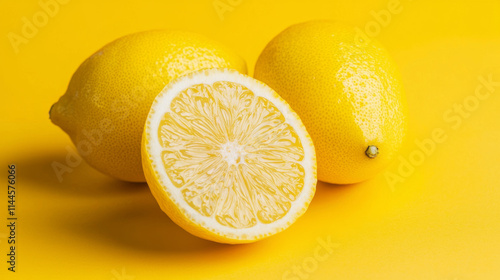 Vibrant fresh lemons on a bold yellow background photo