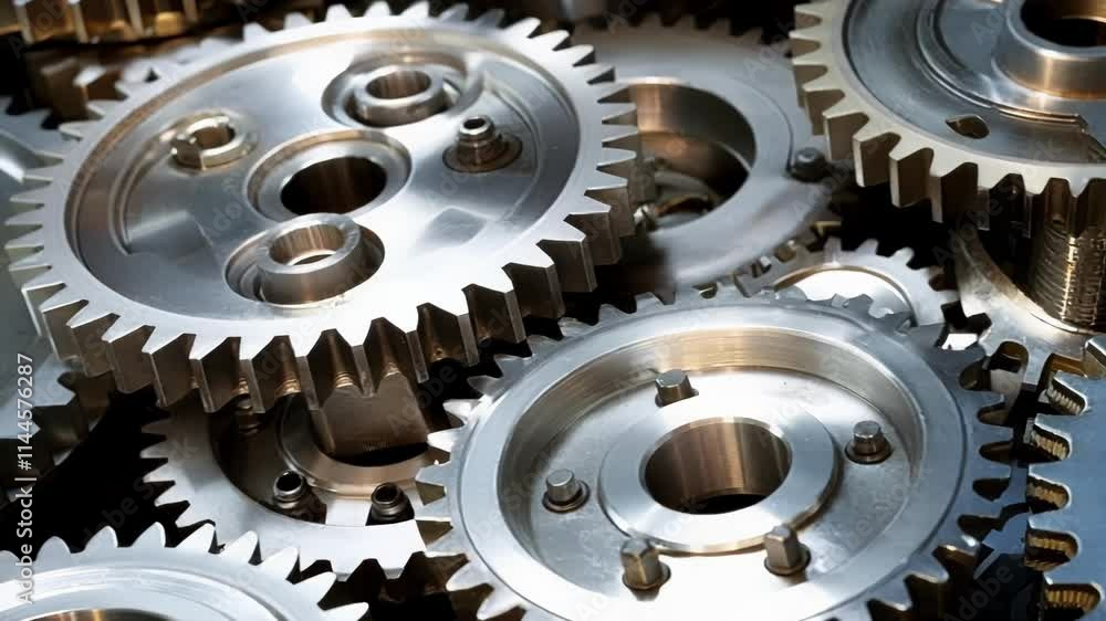 Close up view of interlocking metal gears, showcasing their intricate design and highlighting the concept of teamwork and precision engineering Close up view of interlocking metal gears, showcasing their intricate design and highlighting the concept of teamwork and precision engineering