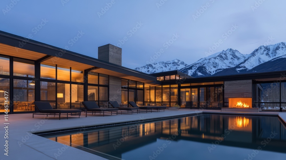 Modern luxury mountain retreat with expansive windows and serene outdoor pool, showcasing stunning snowy mountain landscape at twilight Modern luxury mountain retreat with expansive windows and serene outdoor pool, showcasing stunning snowy mountain landscape at twilight
