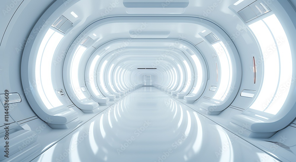Futuristic white corridor with glowing lights and smooth walls. Futuristic white corridor with glowing lights and smooth walls.