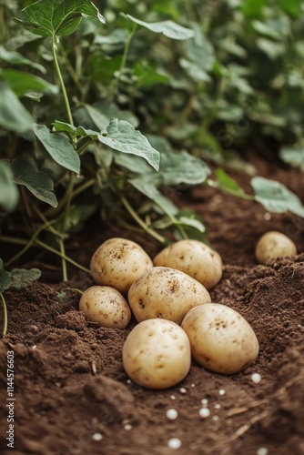 Freshly harvested potatoes resting on rich soil in an agricultural field surr...