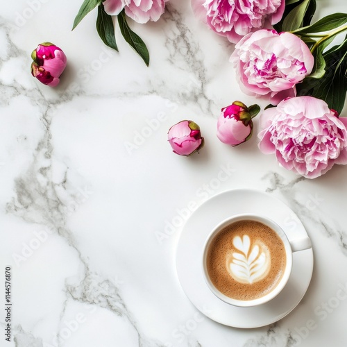 Beautiful arrangement of peonies beside a cup of latte on a marble surface du...