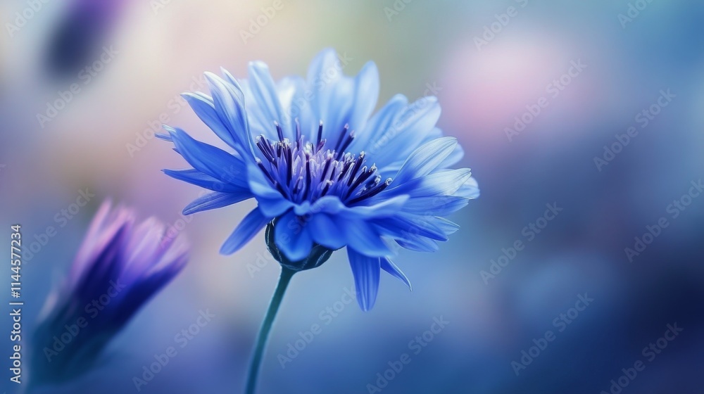 Obraz premium Blue flower blooms in a serene garden setting with soft lighting highlighting intricate petal details and