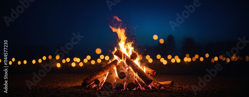 A burning bonfire on a dark blue background at night for Happy Lohri holiday or Punjabi festival. Traditional Indian festival. Backdrop for Bonfire Night festivities banner or poster with copy space.
