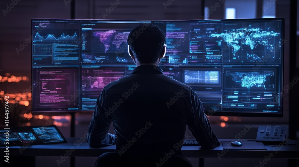 A Data Analyst Analyzing Global Trends and Information on Multiple Computer Screens in a Dark Office Environment with High-Tech Display Interfaces A Data Analyst Analyzing Global Trends and Information on Multiple Computer Screens in a Dark Office Environment with High-Tech Display Interfaces